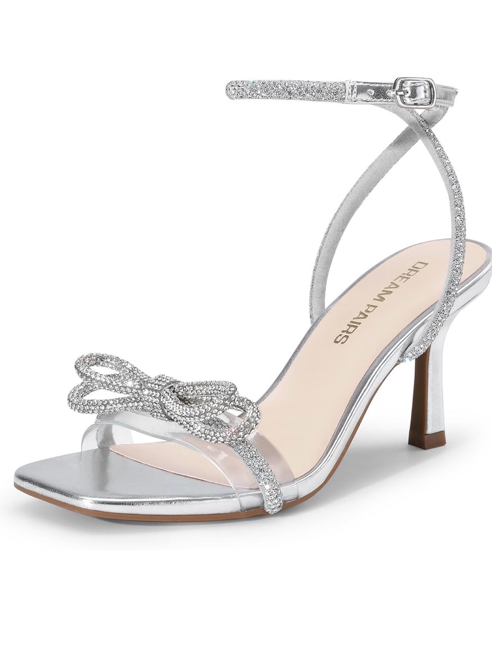Dream Pairs Silver Rhinestone Bow Clear Strap Ankle Heels Size 8.5